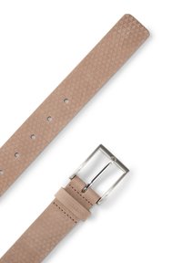 Beiger geprägter Leder Gürtel mit Diamantmuster, ausgestattet mit einer silbernen Metallschnalle und mehreren Einstelllöchern. Markenlogo ist geprägt.