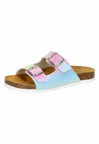 Birkenstock-ähnliche Sandalen mit verstellbaren Riemen in Pink- und Blauverlauf, Korkfußbett und weißer Gummisohle mit strukturierter Oberfläche.