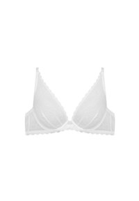 Biały koronkowy stanik z trójkątnym kształtem miseczek, falbanowymi krawędziami i gładką fakturą. Regulowane ramiączka i skromne zapięcie z tyłu.