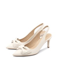 White slingback high heels made of smooth leather, featuring a pointed toe and a decorative bow detail on the vamp, with a mid-height heel.