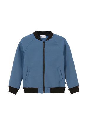 Niebieska kurtka bomber z czarnym kołnierzem, mankietami i krawędzią, z zamkiem błyskawicznym z przodu i dwoma bocznymi kieszeniami.