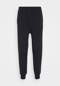 Svarta joggarbyxor i mjukt tyg, med elastisk midja och snörning, smalnande ben och ribbade muddar längst ner.