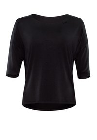 Zwart T-shirt met korte mouwen van zachte stof, met een ronde halslijn en een ontspannen pasvorm. Bevat subtiele branding op de halslijn.