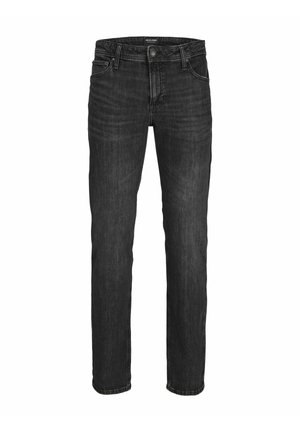 Črne jeans hlače s ravnim krojem, z zapiranjem na sprednji gumb in zadrgo, dvema sprednjima žepoma ter občutnimi podrobnostmi bledenja.
