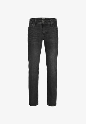 Schwarze Denim-Jeans mit geradem Bein, ausgestattet mit einem Frontknopf und einem Reißverschluss, zwei vorderen Taschen und dezenten Verwaschungen.
