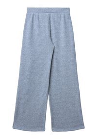 Jasnoniebieskie szerokie spodnie z prążkowanej dzianiny z elastycznym pasem, zaprojektowane z myślą o wygodnym, codziennym noszeniu.