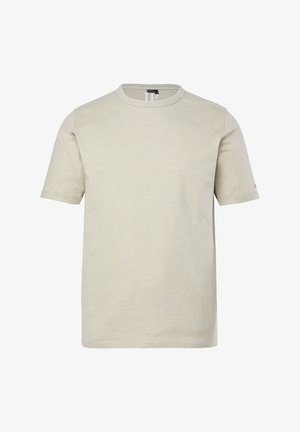 T-shirt beige a maniche corte con scollo rotondo, orlo dritto e texture sottile, mostrata distesa su uno sfondo bianco.