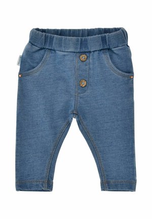 Blue toddler pants with elastic waistband, two wooden buttons, front pockets, and contrast stitching on a white background.
