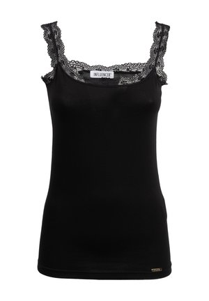 Camisole noire avec bordure en dentelle le long du décolleté et des bretelles, présentant une coupe ajustée et une texture douce. Étiquette marquée "INFLUENCER".
