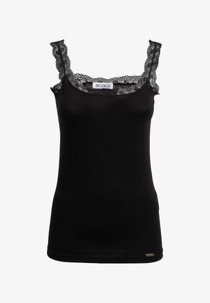 Schwarzes Camisole mit Spitzenbesatz entlang des Halsausschnitts und der Träger, mit einer taillierten Passform und weicher Textur. Etikett mit der Marke "INFLUENCER".