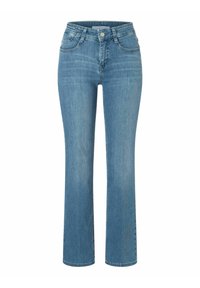 Helle blaue Denim-Jeans mit hohem Bund, geradem Bein, Fünf-Taschen-Stil und Metallknopfverschluss. Glatter, strukturierter Stoff.