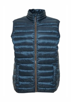 Navy padded vest with high collar, front zipper, and two side pockets. Made from shiny, lightweight material with quilted texture.