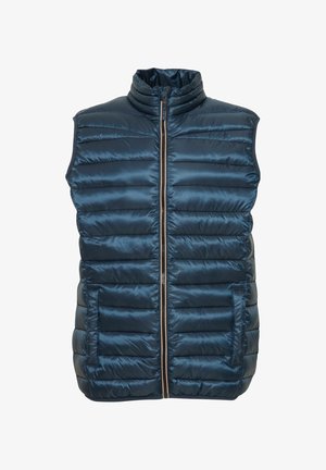 Navy padded vest with high collar, front zipper, and two side pockets. Made from shiny, lightweight material with quilted texture.