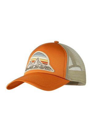 Orange-beige Mesh-Trucker-Cap mit Front-Patch, der eine Bergkette und Sonnenuntergangsstreifen zeigt.