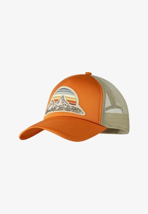 Orange-beige Mesh-Trucker-Cap mit Front-Patch, der eine Bergkette und Sonnenuntergangsstreifen zeigt.