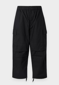 Μαύροι cargo παντελόνια με ελαστική μέση, πολλαπλές τσέπες και φερμουάρ στους αστραγάλους, με σχέδιο άνετης και χαλαρής εφαρμογής.