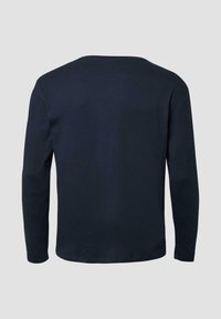 Langärmeliges Hemd aus dunkelblauem Baumwollstoff. Mit rundem Ausschnitt und normaler Passform. Der Stoff hat eine glatte Textur und minimale Nahtdetails.