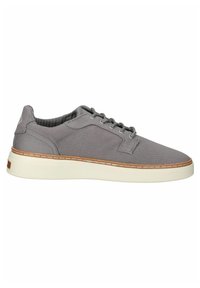 Gray canvas sneakers with a textured surface, white sole, brown leather accent, and six lace holes. Classic lace-up design with stitched detailing.