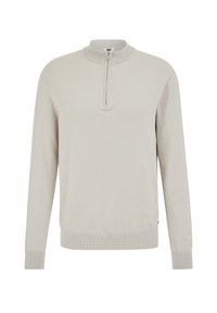 Pull-over tricoté gris clair avec col montant zippé, poignets et ourlet côtelés. Texture lisse, manches longues et coupe ajustée.