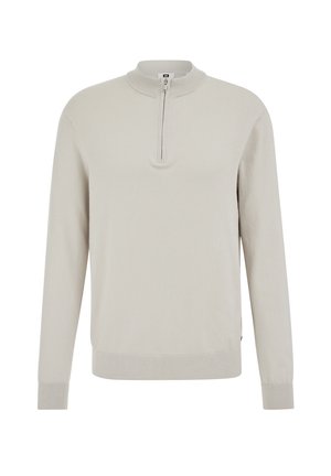 Lichtgrijze gebreide trui met een rits bij de opstaande kraag, geribbelde manchetten en zoom. Soepele textuur, lange mouwen en een getailleerd ontwerp.