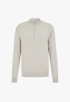 Jersey de punto gris claro con cuello alto con cremallera, puños y dobladillo acanalados. Textura suave, mangas largas y diseño ajustado.