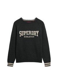 Pull gris foncé avec le texte "SUPERDRY ATHLETICS" en crème, col et ourlet côtelés, poignets rayés. Fabriqué en tissu tricoté, avec une coupe classique.