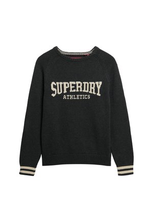 Pull gris foncé avec le texte "SUPERDRY ATHLETICS" en crème, col et ourlet côtelés, poignets rayés. Fabriqué en tissu tricoté, avec une coupe classique.