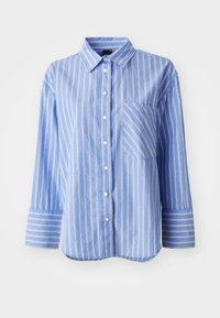 Camicia a maniche lunghe blu a righe con colletto abbottonato, caratterizzata da righe bianche e gialle e una tasca sul petto. Tessuto morbido con una vestibilità comoda.