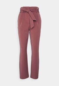 Op maat gemaakte hoge taille broek in bordeaux kleur, voorzien van een stoffen riem met een knoop, recht gesneden benen en voortassen.