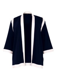 Navy Kimono-Wrap mit weißem Besatz, kurzen Ärmeln und offenem Front. Weicher, glatter Stoff, knielänge Design. Keine Verschlüsse.