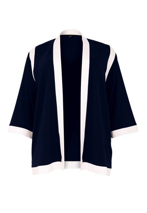 Marineblauwe kimono-stijl wikkel met witte rand, korte mouwen en een open voorkant. Zachte, gladde stof, knielange ontwerp. Geen sluitingen.