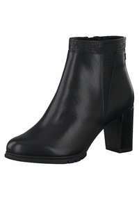 Schwarze Knöchelstiefel aus glattem Leder mit texturiertem Obermaterial, einem massiven Absatz und einer runden Zehenpartie. Verfügt über minimale Nähte und eine Gummisohle.
