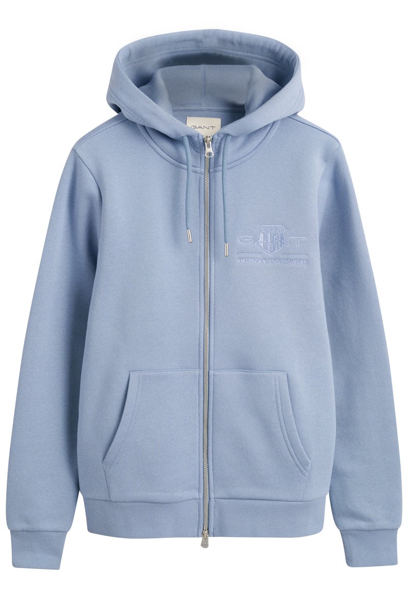 Lichtblauwe ritssluiting hoodie van een zachte katoenmix met een kangoeroezak, ribgebreide manchetten en een geborduurd logo op de borst.