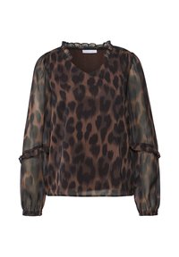 Bluse mit Leopardenmuster, V-Ausschnitt, transparenten langen Ärmeln und Rüschendetails am Ausschnitt und an den Bündchen. Das Design wird von Erdtönen dominiert.