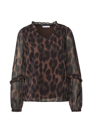 Blouse met luipaardprint, een V-hals, doorschijnende lange mouwen en ruchtrandjes bij de halslijn en manchetten. Aardetinten domineren het ontwerp.