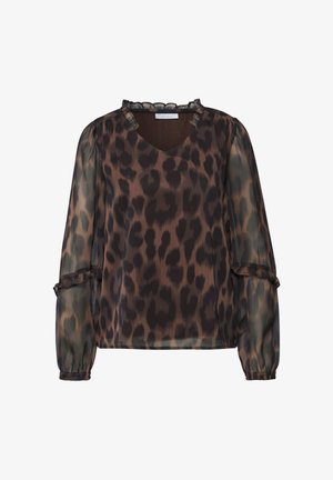 Leopardikuosinen pusero, jossa on V-kaula-aukko, läpikuultavat pitkät hihat ja röyhelökoristeet kaula-aukossa ja hihansuissa. Suunnittelussa hallitsevat maanläheiset sävyt.