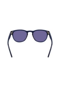 Occhiali da sole blu navale con lenti viola e un design classico a occhio di gatto. Presentano montature sottili e piccoli dettagli in metallo argentato.