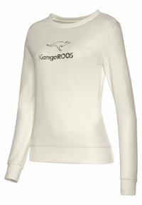 Helle Cream Sweatshirt mit langen Ärmeln, Rundhalsausschnitt und gerippten Bündchen. Mit einem Känguru-Graphic und "KangaROOS"-Text in metallischer Druckoptik.