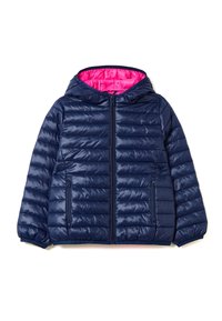 Granatowa kurtka puchowa z kapturem, z różowym wnętrzem, z zapięciem na zamek, elastycznymi mankietami oraz dwiema bocznymi kieszeniami.