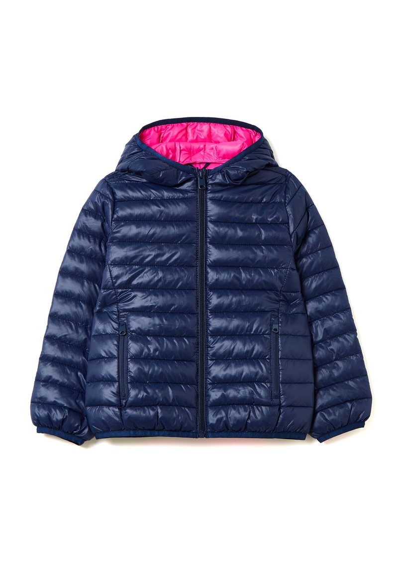 Granatowa kurtka puchowa z kapturem, z różowym wnętrzem, z zapięciem na zamek, elastycznymi mankietami oraz dwiema bocznymi kieszeniami.