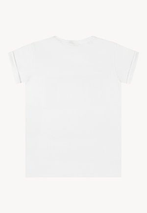 Witte korte mouwen t-shirt, ronde hals ontwerp, gladde katoentextuur, standaard pasvorm, effen kleur zonder zichtbare patronen of accenten.