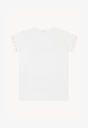 Witte korte mouwen t-shirt, ronde hals ontwerp, gladde katoentextuur, standaard pasvorm, effen kleur zonder zichtbare patronen of accenten.