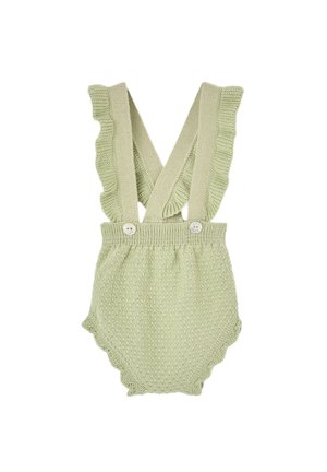 Barboteuse bébé tricotée vert clair avec bretelles à volants croisées dans le dos et boutons à la taille.
