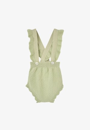 Barboteuse bébé tricotée vert clair avec bretelles à volants croisées dans le dos et boutons à la taille.