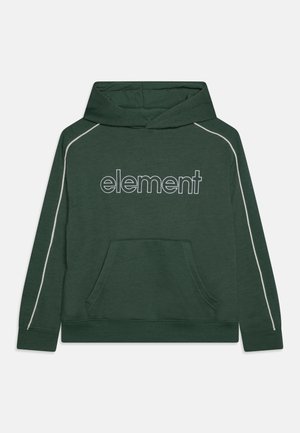 Mørkegrøn hættetrøje med en front kangaroo-lomme, hvid piping langs ærmerne og ordet "element" i hvidt omrids på brystet.