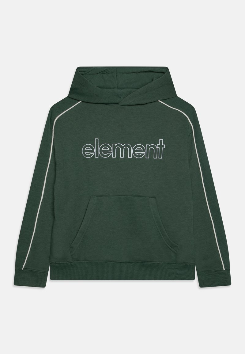 Sweat à capuche vert foncé avec une poche kangourou sur le devant, un liseré blanc le long des manches et le mot « element » en texte blanc contouré sur la poitrine.