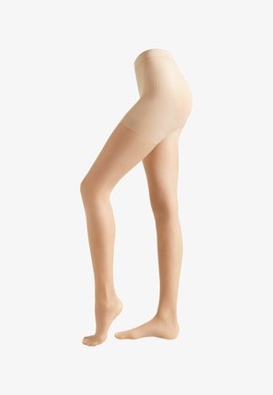 Pantys beiges transparentes con una textura suave, diseño de cintura alta y banda reforzada. Acabado semi-opaco con un ligero brillo.