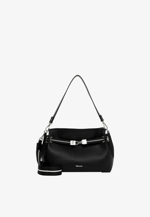 Schwarze Handtasche aus strukturiertem Leder mit Obergriff und abnehmbarem, gestreiftem Schulterriemen, silberner Schnallendetail und kleiner Logo-Plakette vorne.