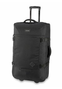 Borsa a rotelle nera realizzata in tessuto resistente, dotata di manico telescopico, tasca frontale con zip, manico laterale e cinghie di fissaggio.