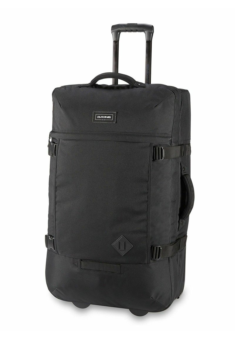 Borsa a rotelle nera realizzata in tessuto resistente, dotata di manico telescopico, tasca frontale con zip, manico laterale e cinghie di fissaggio.